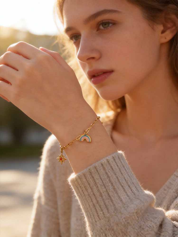 Paperclip Chain Charm Bracelet Gold Plated Stainless Steel Sun Rainbow Butterfly Adjustable Women Jewelry