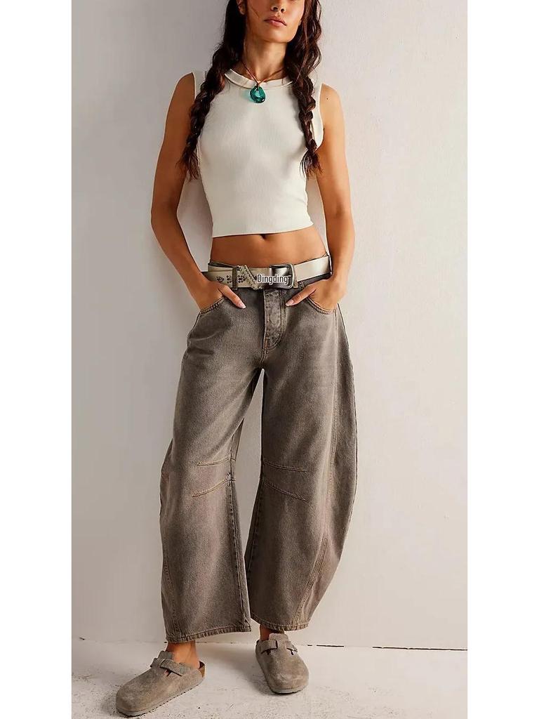 2024 Женские джинсы из выстиранного денима широкого кроя со средней/низкой посадкой