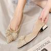 Bow Thick Heel Pointed Single Shoes 2025 New Fairy Style Evening Middle Heel Versatile Pearl Rhinestone Satin Women's Shoes