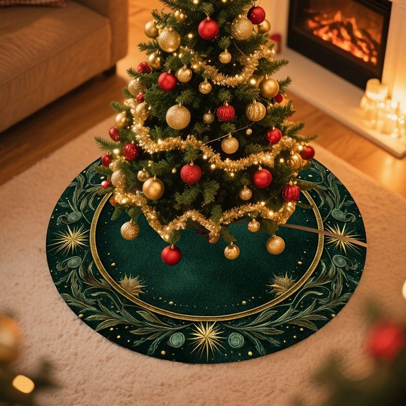 Christmas Tree Skirt Dark Green Golden Botanical Star Round Xmas Tree Rug Elegant Vintage Christmas Home Holiday Decor