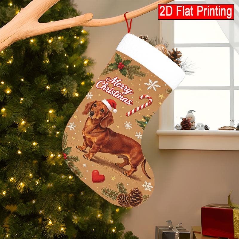 Christmas decoration fireplace hanging stocking Christmas, Dachshund And Cane Candy, Pine Branches, Snowflakes