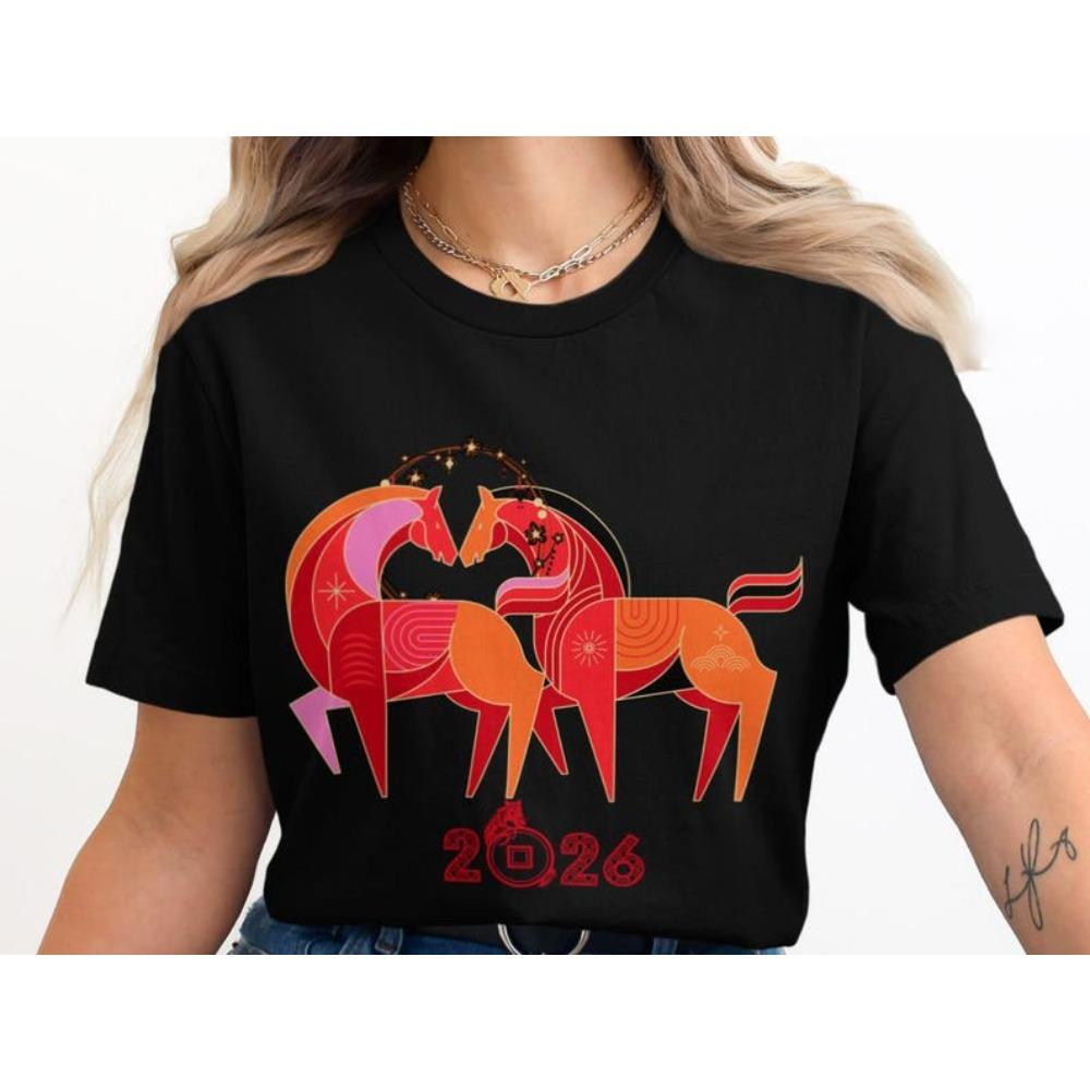 Lunar New Year 2026 Shirt Year of The Horse Chinese Zodiac TShirt Creative Design Happy New Year Men Women Tshirt Cotton Tops