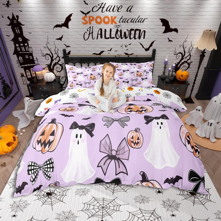 Homewish Милый Призрак Комплект Пододеяльника Хэллоуин Тема Комплект Постельного Белья Фиолетовый Тыквенный Фонарь Комплект Постельного Белья Для Девочек Мальчиков