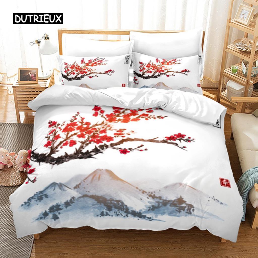 Duvet Cover Pink Sakura Plum Blossom Bamboo Bedding Set Fashion Art Duvet Cover Japanese Tokyo Style For Women Kids Room Decor