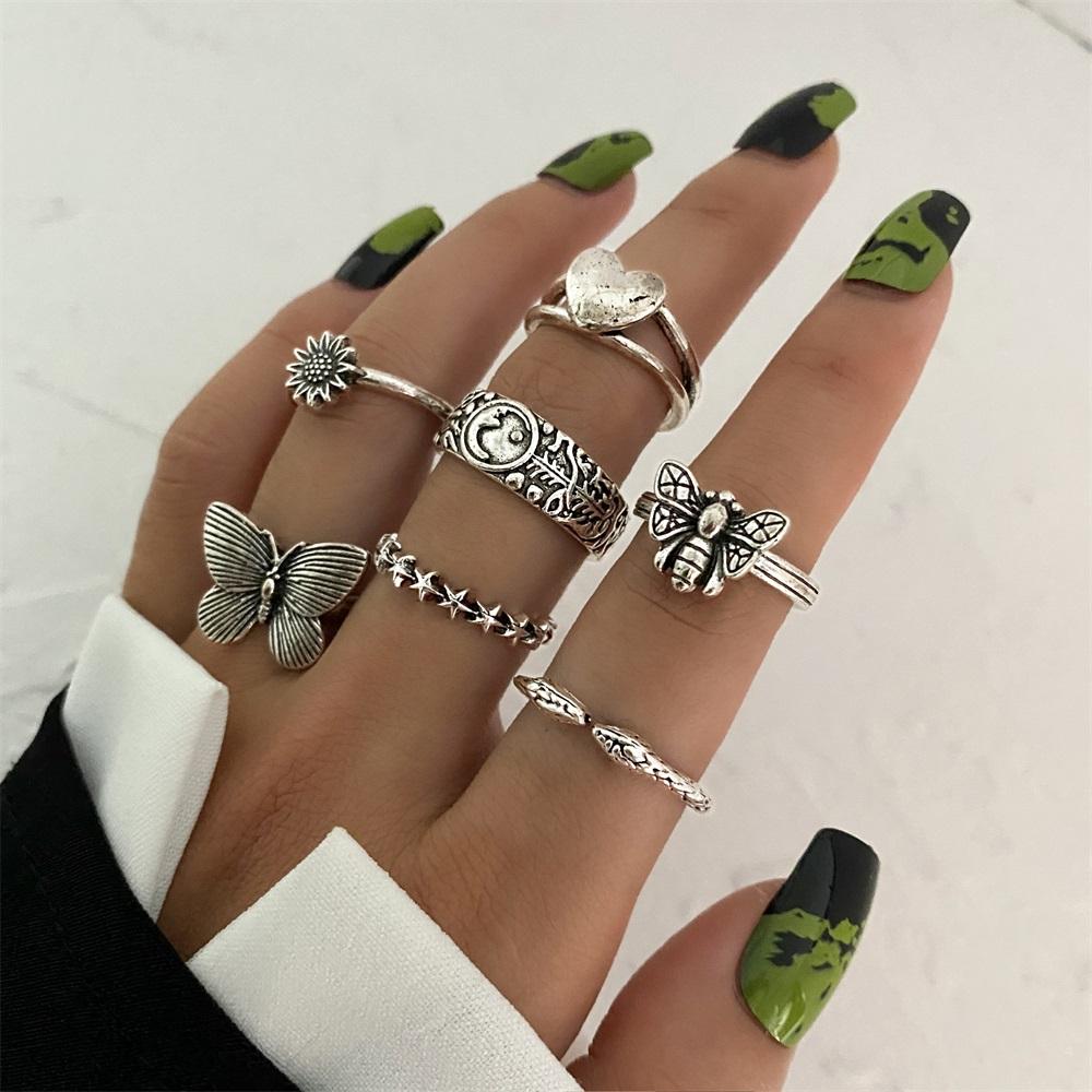 Кольцо-бабочка в стиле ретро, ​​комплект из 7 колец с цветком и звездой, простое кольцо, популярные женские украшения