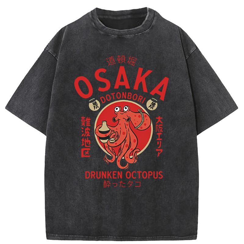 Футболки с винтажной графикой Osaka Dotonbori Drunken Octopus в японском стиле Футболка любителя уличной еды Хлопковые футболки с коротким рукавом