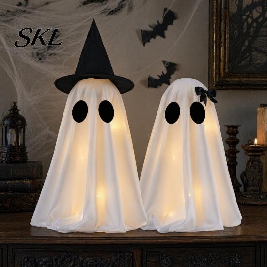 Seasonal Holiday Decor Halloween Ghost Decoration, Light-Up with Witch Hat/Bow, Decoration Spooky Standing for Porch Yard Outdoor Party