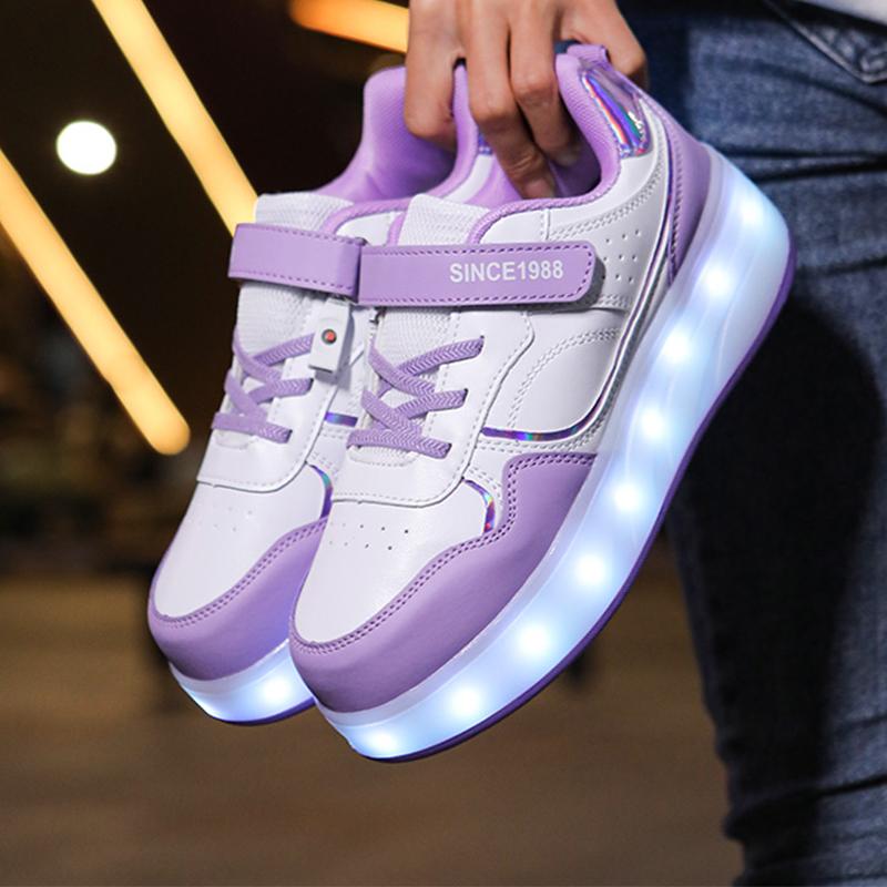 29-38 Детские четырехколесные разборные спортивные туфли на плоской подошве, светодиодные блестящие детские светящиеся кроссовки
