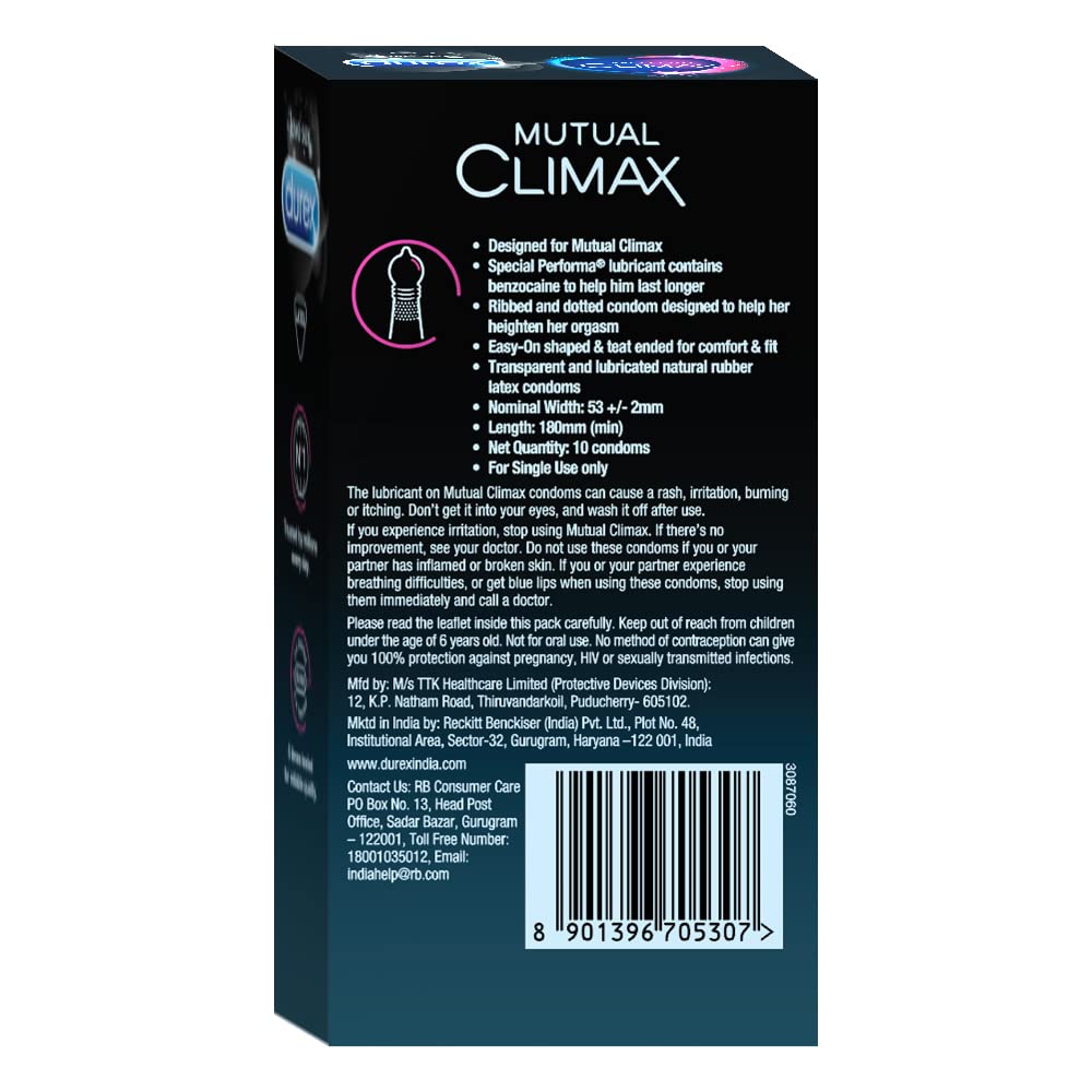 Durex Презервативы Mutual Climax для мужчин и женщин - 10 шт. | С дополнительными точками и ребрами для удовольствия | Смазка Performa для длительного эффекта
