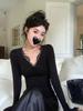 Женский теплый базовый топ Miu Style с кружевной вставкой и V-образным вырезом, Осень/Зима