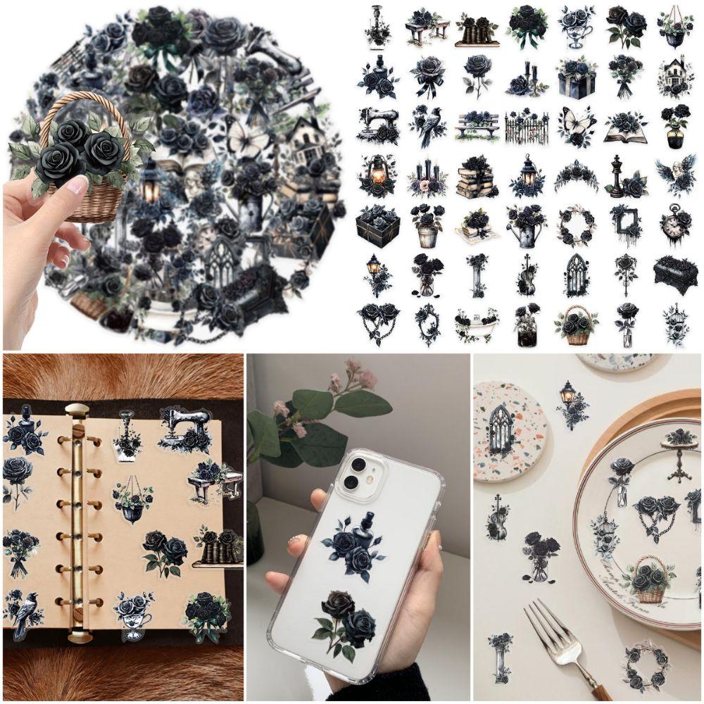 50PCS Rose Theme Roses Decal Stickers Black Notebook Decals Photo Prame