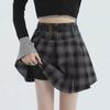 Women's High-Waisted Plaid Pleated A-Line Skirt - Retro Autumn/Winter Style, Slimming, Hip Coverage, Short Length