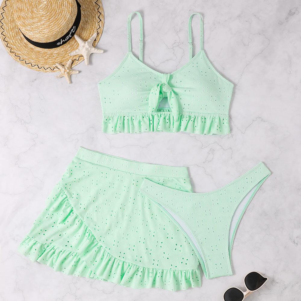 Multi-color Korean new solid-color girl swimsuit pure desire wind bath hot spring three-piece skirt split bikini