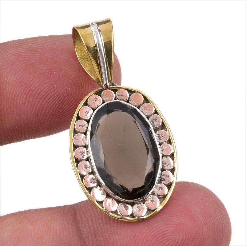 Natural Smoky Quartz 925 Solid Sterling Silver TwoTone Gift Pendant 1.50" N2C66