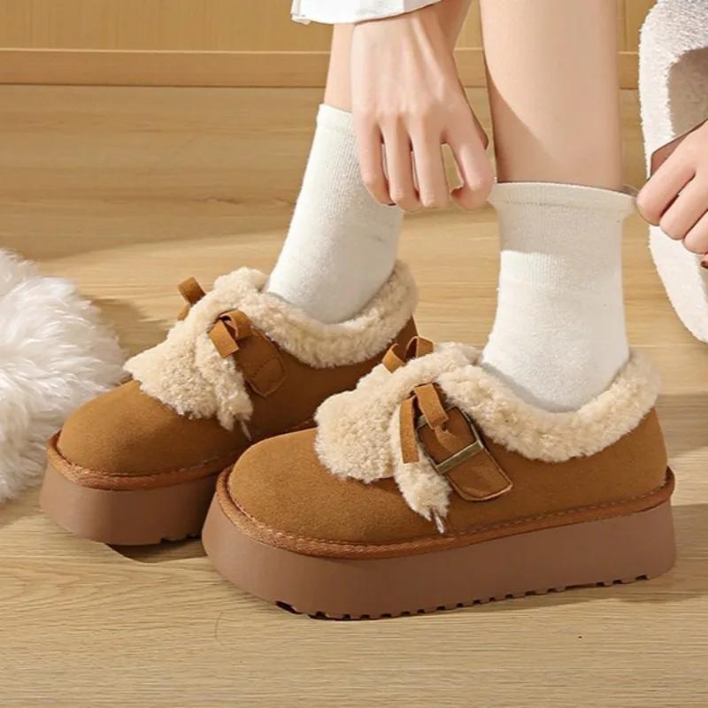 Меховые туфли на плоской подошве с бантом, женские мокасины на платформе, замшевые, плюшевые, хлопковые, брендовые, повседневные туфли на мелкой подошве, зимние трендовые, удобные, теплые, Zapatos Mujer