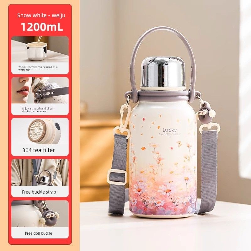 German Insulated Water Bottle, Large Capacity Thermos Cup, Stylish and High-End Design for Girls, Stainless Steel Tea Brewing Cup for Students