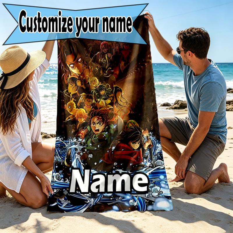 Custom Name Personalized Demon Slayer Print Beach Towel, for Trip Camping Beach Party Home Decor, Birthday Gift for Family & Friends