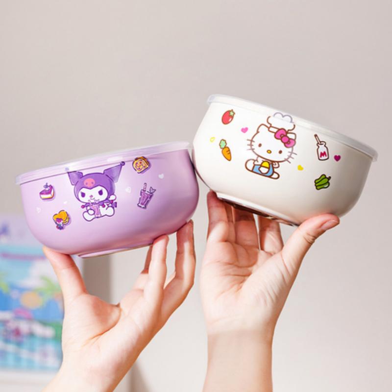 Для Sanrio Kawaii Hello Kitty Kuromi Миска для риса Миска для супа Детская миска из стали 316 Двухслойная теплоизоляция и защита от ожогов Посуда