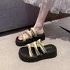 Wear round head rhinestone thick-bottomed sandals 2025 summer new popular one-word belt casual flat-bottomed tide ins slippers