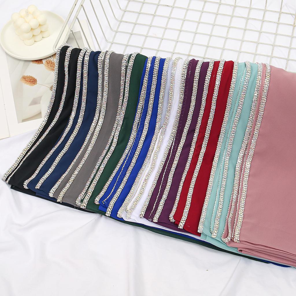 Luxury Rhinestone Chiffon Solid Long Scarf Islamic Women's Head Wrap Neck Scarf Hijab Lightweight Turban Headband 180*70CM