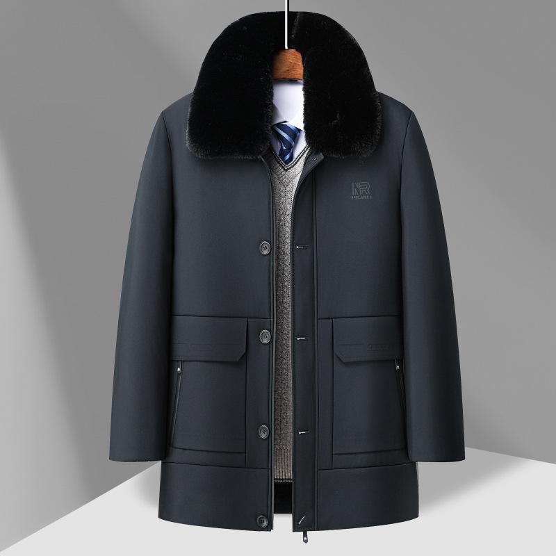 Мужское толстое пуховое пальто средней длины с меховым воротником - стильная хлопковая верхняя одежда для пап среднего и пожилого возраста