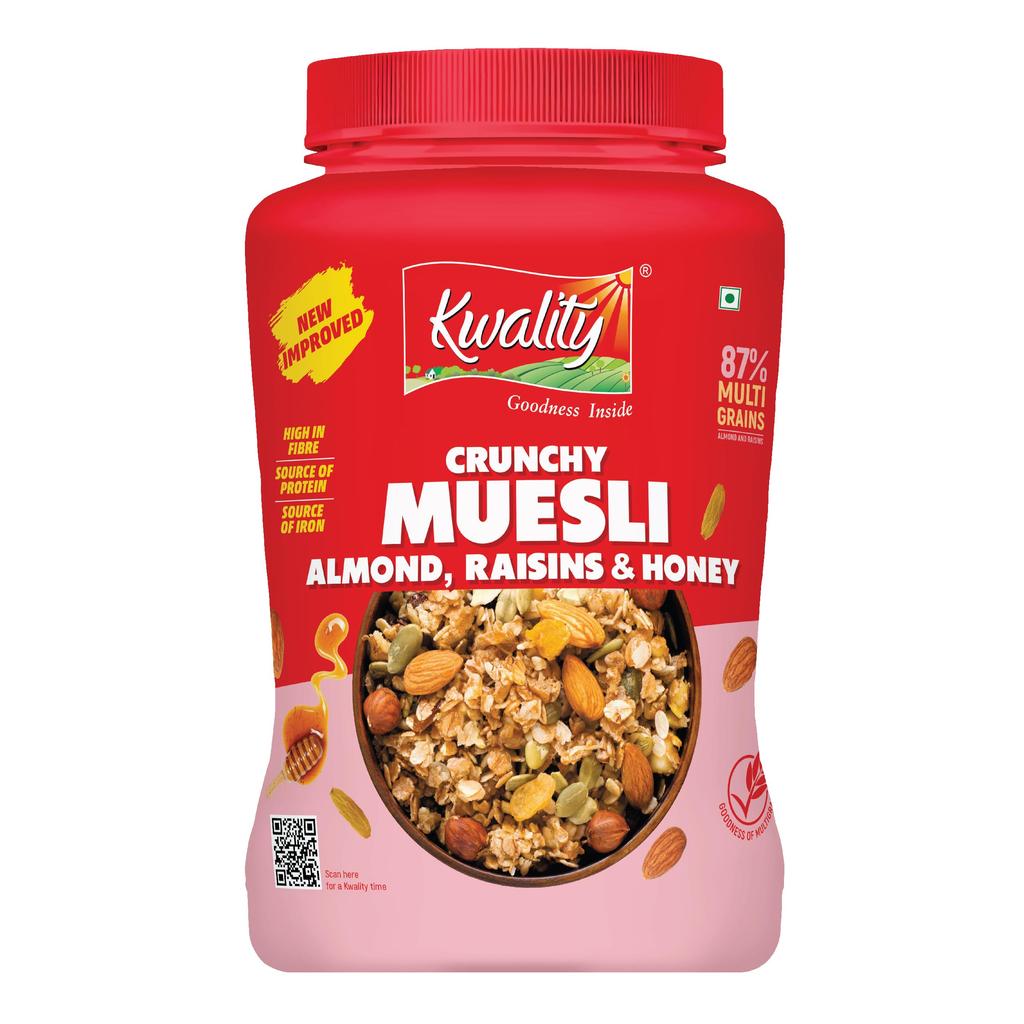 Kwality Muesli Crunchy Almonds, Raisins & Honey 900g | 87% Multi Grains| Natural Source of Vitamin & Iron, High in Protein & Fiber, Low Fat & Cho