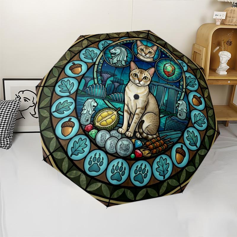 Glass Cat Singapore pattern umbrella, portable and foldable design, 8 ribs, a casual accessory for Halloween, Christmas, and birthday gifts.