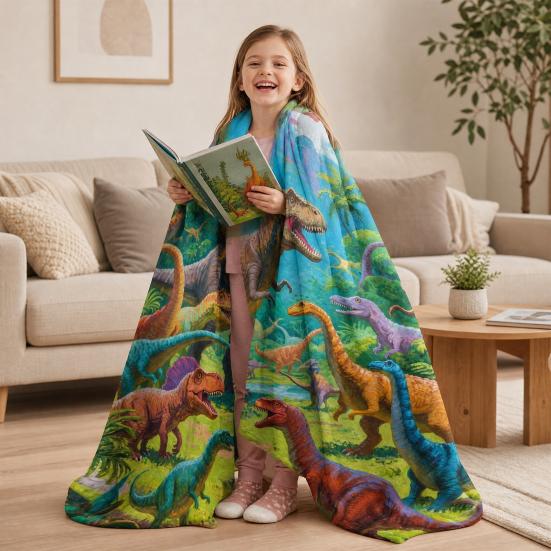 Dinosaur Blanket for Kids, Soft Flannel Throw Blanket with Precision Seams, Double-Sided Warm Nap Blanket, Role-Play Cape Machine Washable Kids
