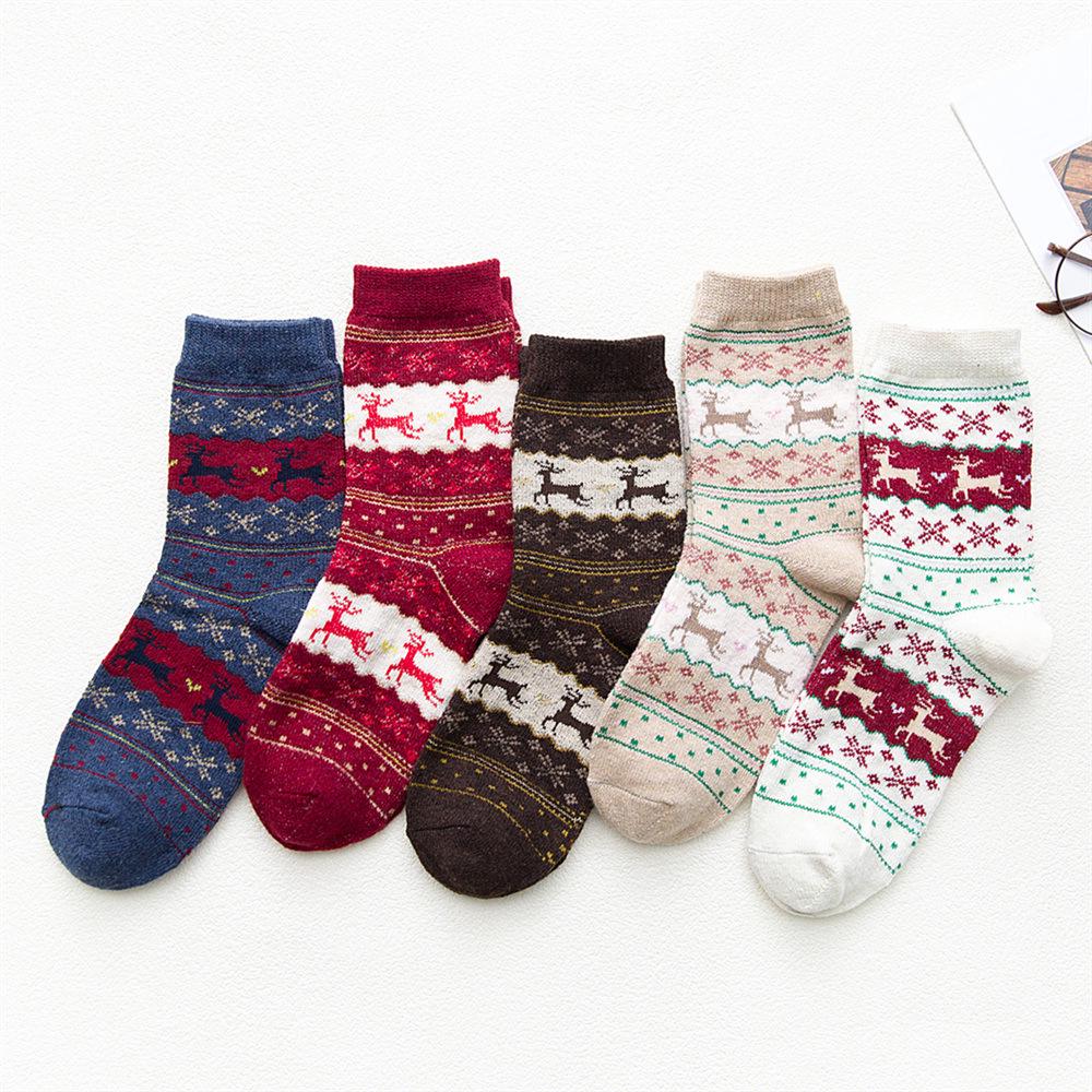 Thicken Women Christmas Socks Warm Rabbit Wool Winter Sock Cotton Casual Fawn Snowflake Pattern Sox