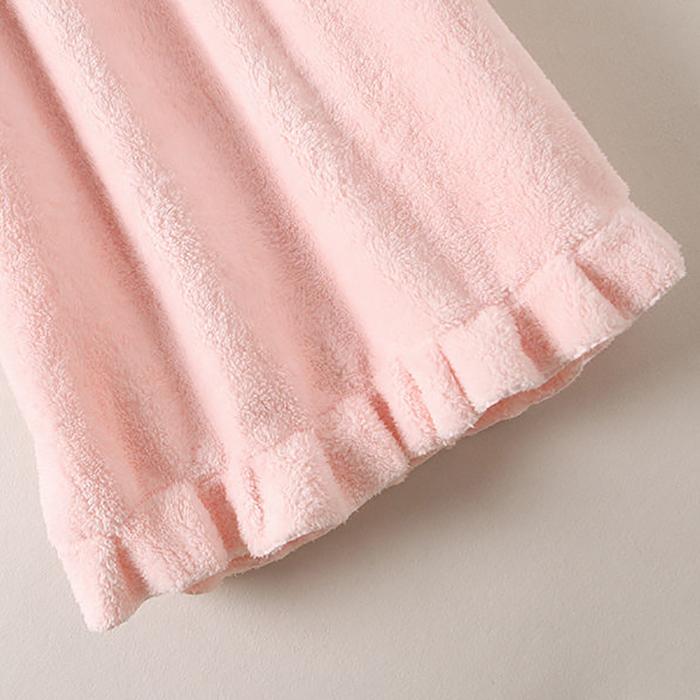 Autumn Winter Flannel Long Skirt Nightdress Women's Long Over The Knee Large Size Loose Solid Color Pompom Pajamas Home