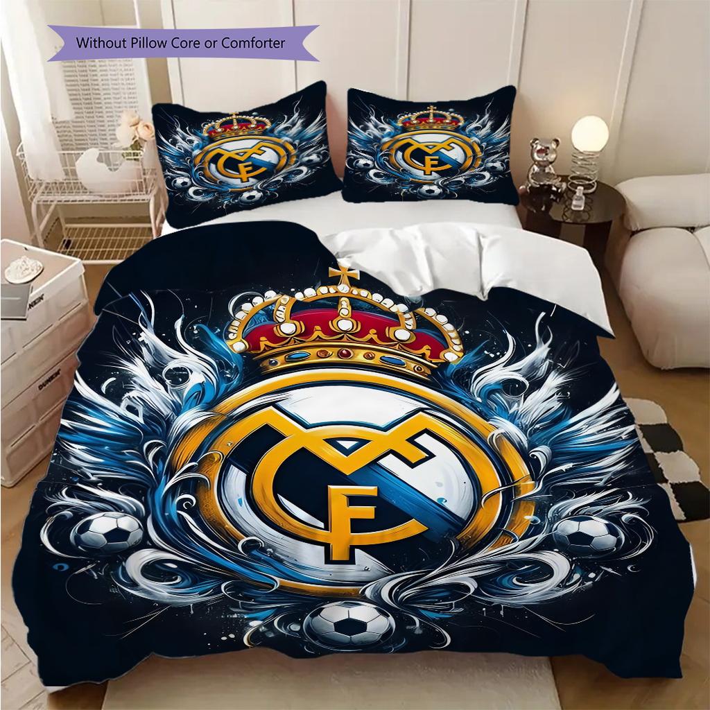 Комплект постельного белья с узором ФК Реал Мадрид Одеяло Покрывало Наволочка Домашний Декор Подарок на День Рождения (1 пододеяльник + 2 наволочки, без наполнителя)