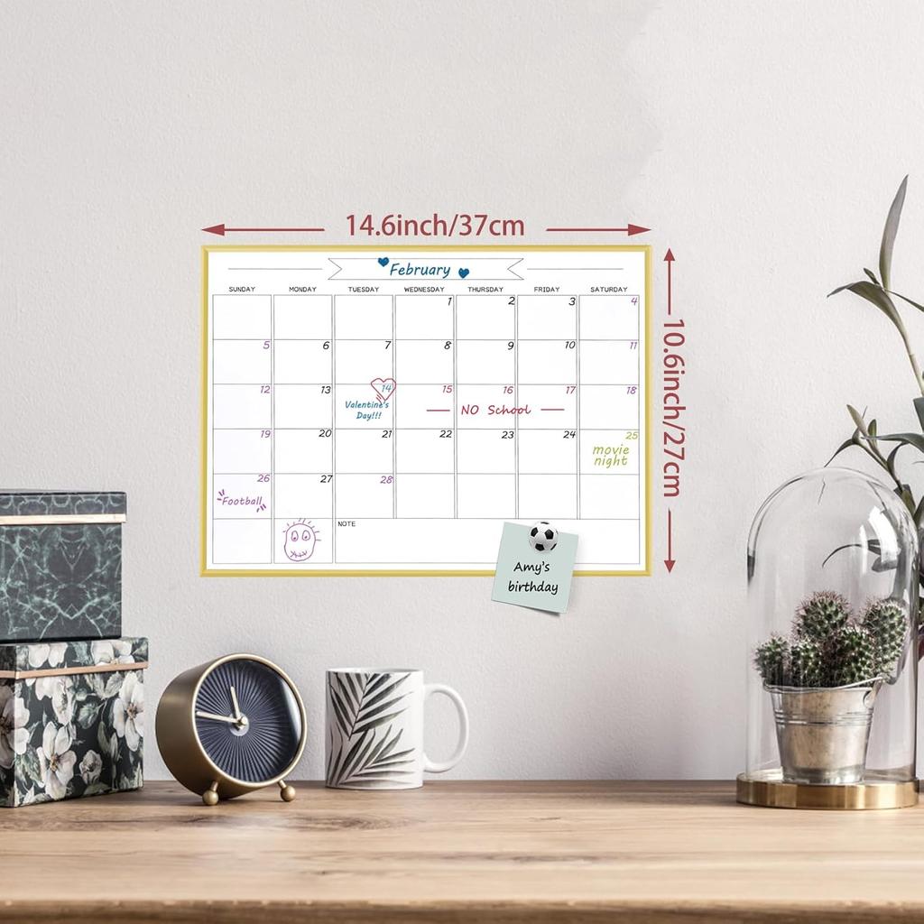Dry Erase Monthly Calendar Whiteboard, 10.5"x 14.5" Gold Aluminum Frame, Magnetic White Board for Wall Office/School/Home, Hanging Board for
