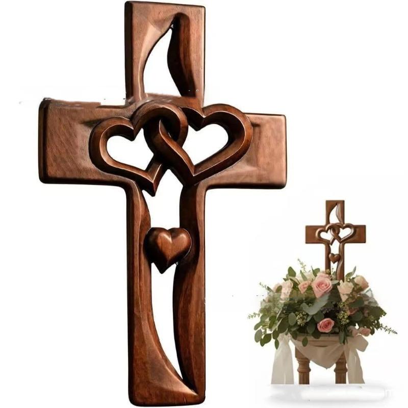 Hand Carved Wooden Wall Cross Double Intertwined Hearts Rustic Decor for Entryway Anniversary Gift