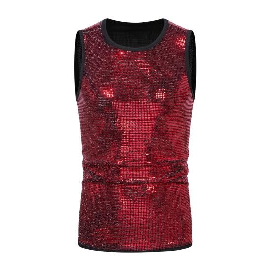 Летний мужской жилет, блестящий металлический жилет без рукавов с круглым вырезом, приталенный, эластичный, средней длины, пуловер на бретелях для выступлений в клубе, шоу на сцене