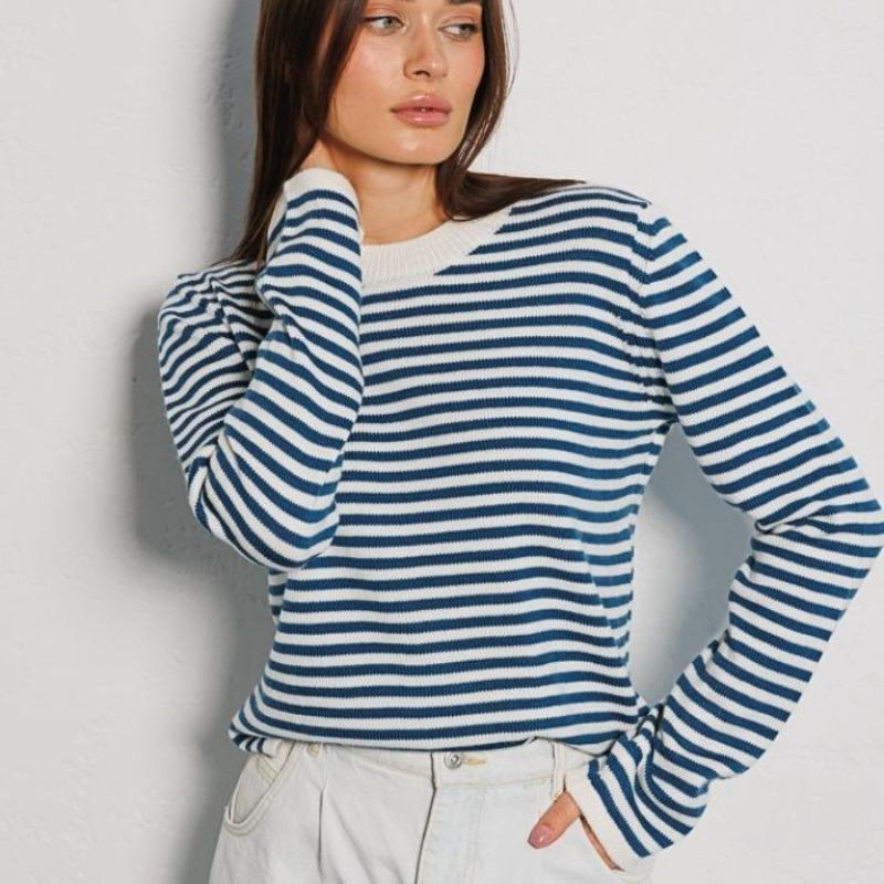 Women S Striped Knit Sweater Long Sleeve Crew Neck Casual Style