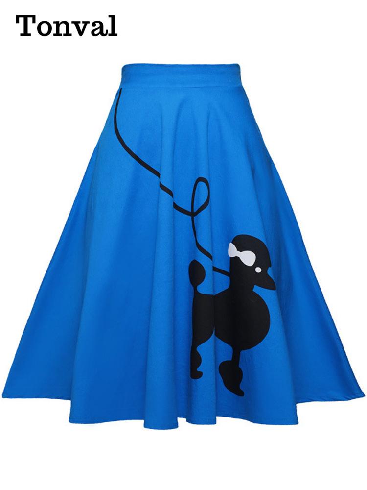 Tonval Pinup 50s Dog Print Kawaii Vintage High Waist Skirts for Women Cotton A Line Knee Length Retro Swing Skirt