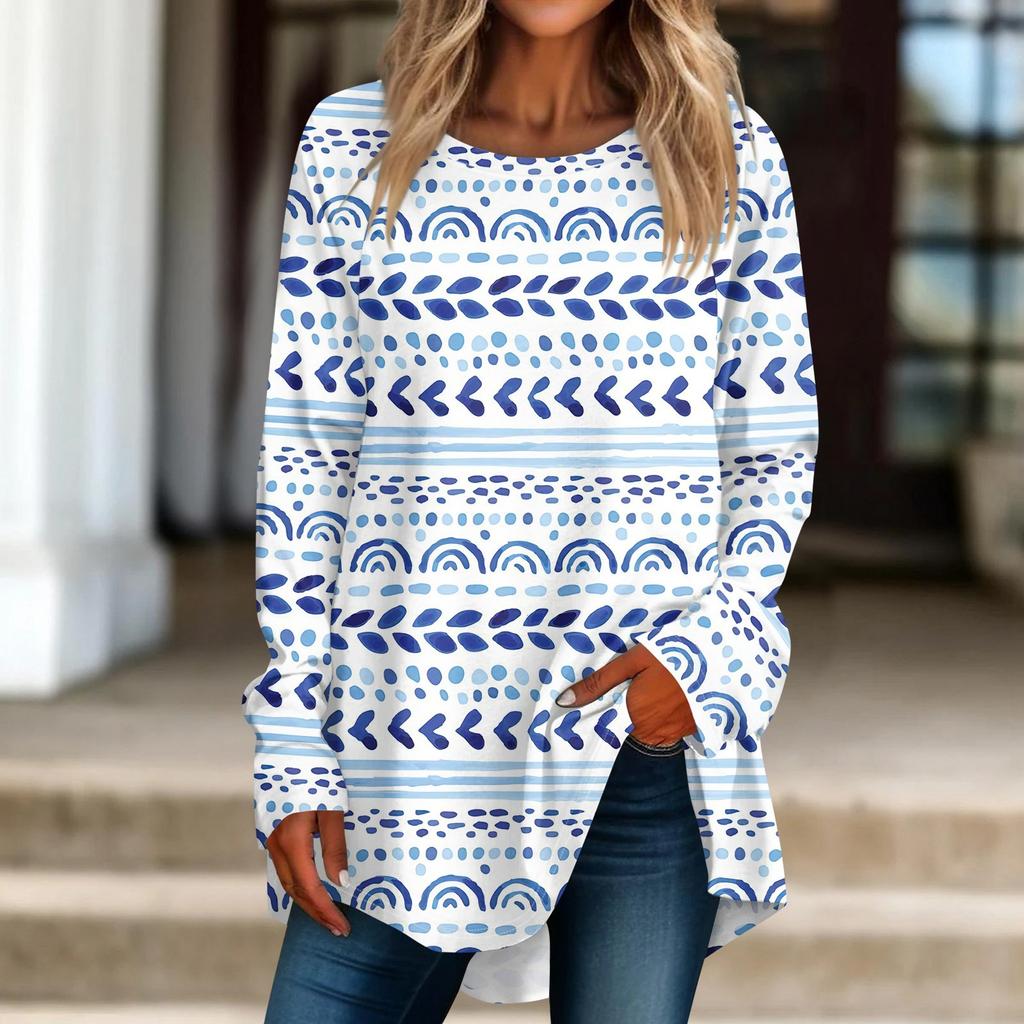 Женская повседневная футболка больших размеров с длинными рукавами и круглым принтом, верхний пуловер