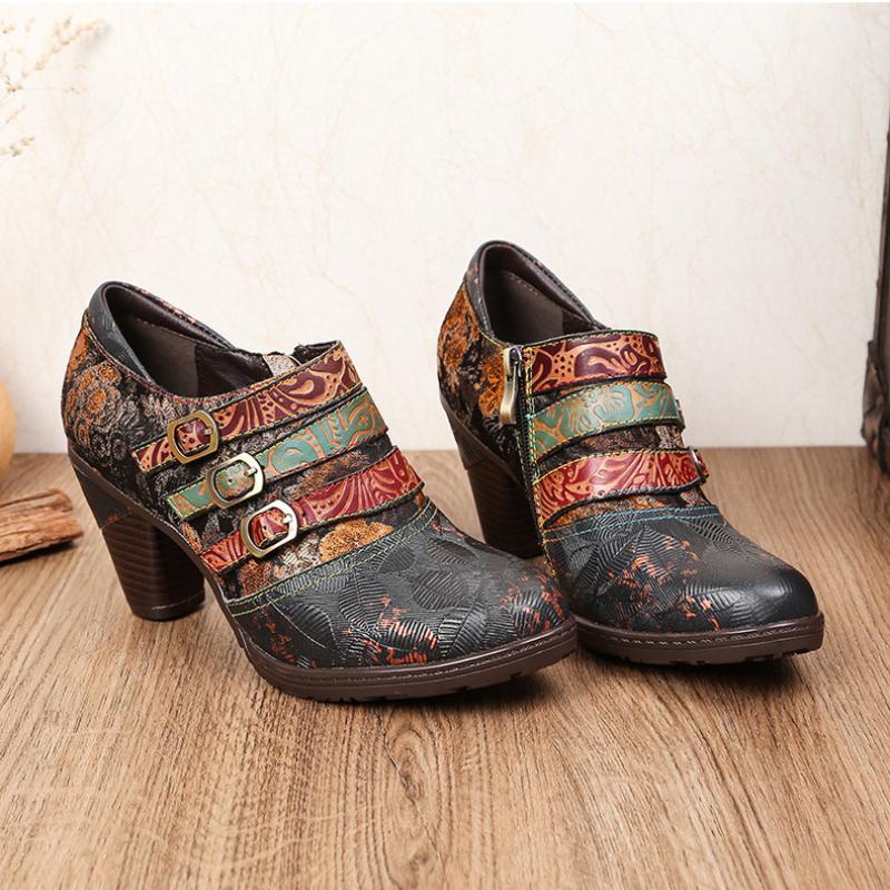 Johnature Туфли-лодочки из натуральной кожи, женская обувь, модная женская обувь ручной работы на высоком каблуке с круглым носком в стиле ретро с принтом