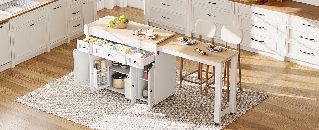 Kitchen Island on Wheels, Extendable Dining Area with Spice Rack and Drawers, Mobile Freestanding, Ideal for Kitchen and Dining Room (White)
