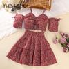 Children Beach Clothing 2024 Popular Summer Red Fashion 2pcs Sets Suspenders Short Sleeved Shirt + Pleated Floral Skirt Girls Suit