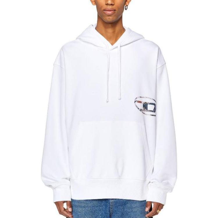 Diesel Ss23 Logo Kangaroo Pocket Hooded Drawstring Sweatshirt Men sweatshirt White A110800JFAV-100