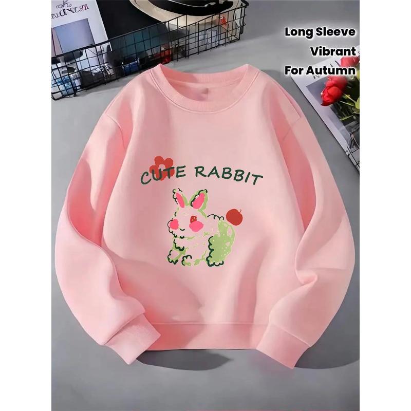 European sizes Kids' Crewneck Sweatshirt - Cute Rabbit with Flower And Apple , Sportswear And Casual Wear, Soft And Comfortable, Children's Clothing