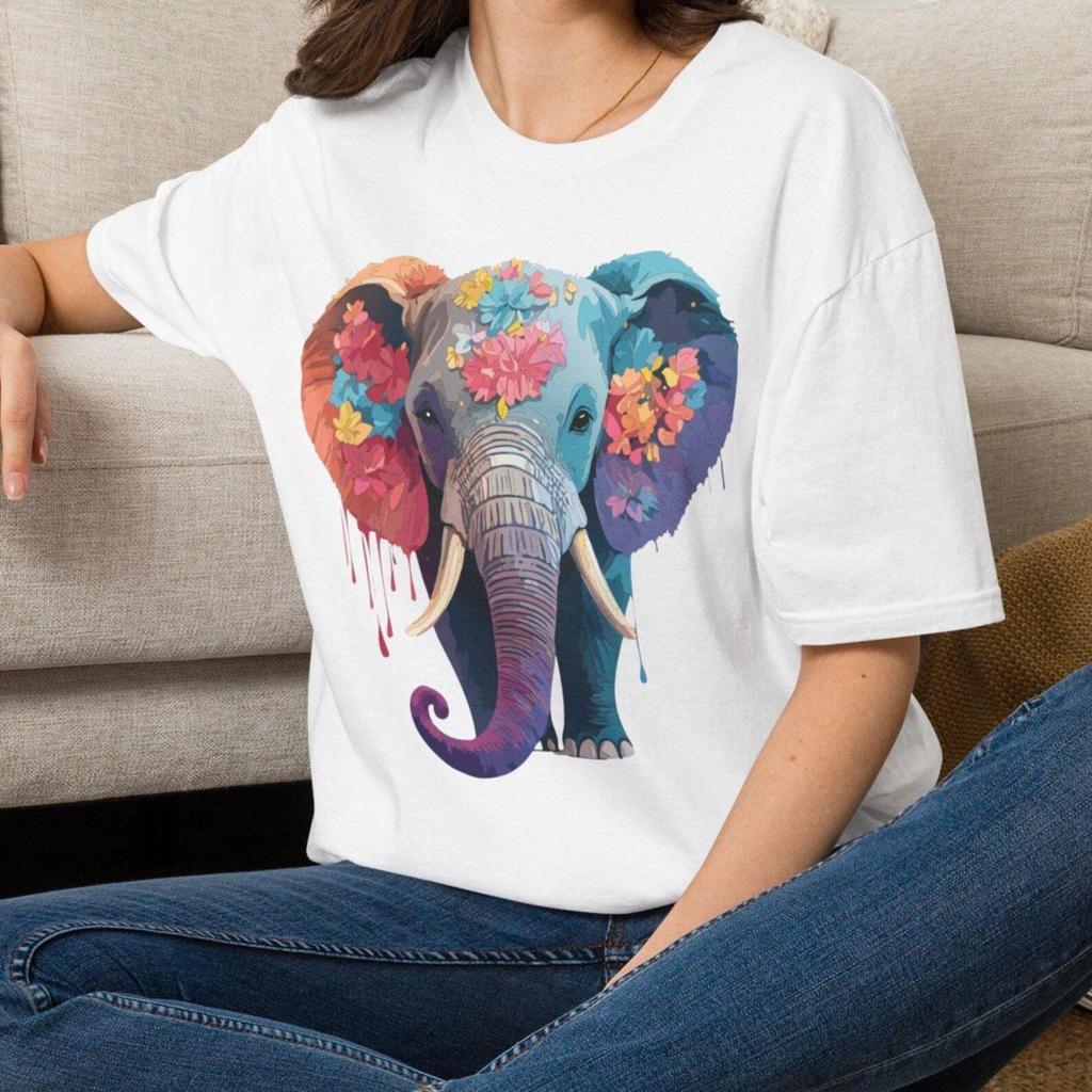 Colorful Floral Elephant T-Shirt | Watercolor Elephant Animal Tee Gift for her Mom Grandma Family Friend Sister Crew Team Party Aunt