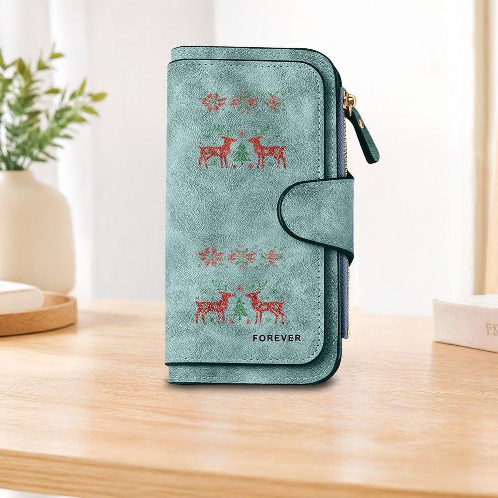 Christmas reindeer pattern long zipper wallet, large-capacity card holder, unisex clutch bag, stylish zippered coin purse, suitable for daily use, a