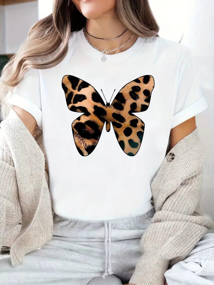 Womens Leopard Butterfly Graphic TShirt Soft Comfortable Casual Tee Short Sleeve Round Neck with Bold Leopard Print Design