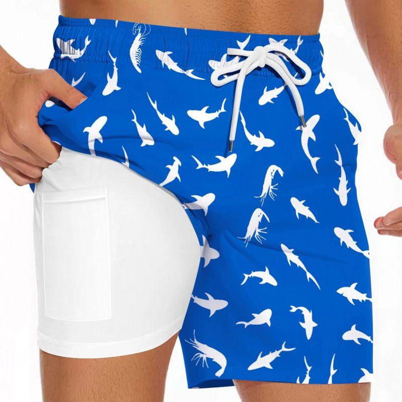 Men's Summer Double-layered Shorts Drawstring Swim Trunks Beach Printed Swim Pants with Pocket