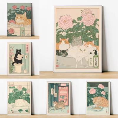 Кот в ванной Японский винтажный классический кот-тигр Настенное искусство Японская ванная туалет постер декор дома гостиная спальня