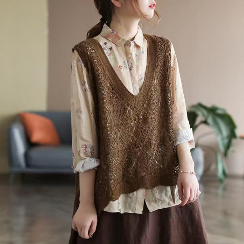 Женский ретро вязаный кардиган без рукавов: Ажурный жилет для весны, лета и осени - Свободный модный топ большого размера