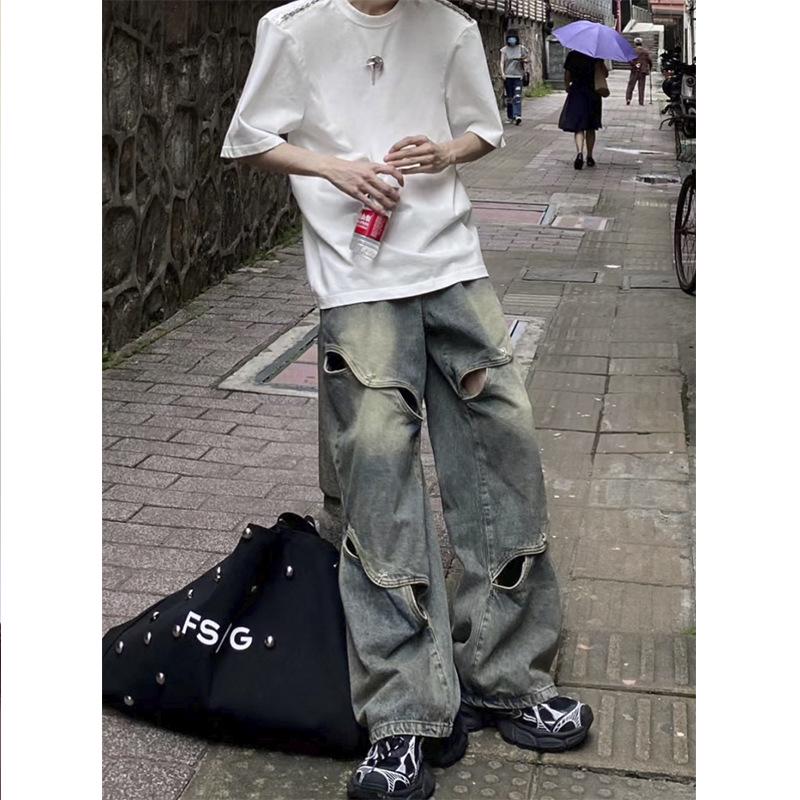 Мужские широкие рваные джинсы в корейском панк-стиле с металлическими вырезами