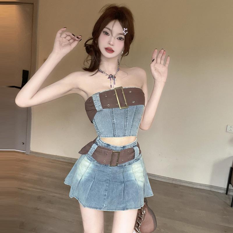 Women's Vintage Spice Girl Belt Top High Waist Skirt Set